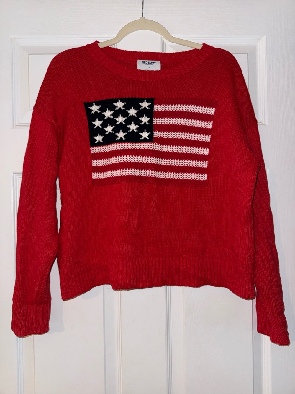 Old Navy Red Crewneck Sweater with Flag Graphic